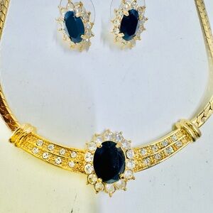 Vintage Gold and Dark Blue Necklace Set with Crystal Accents
